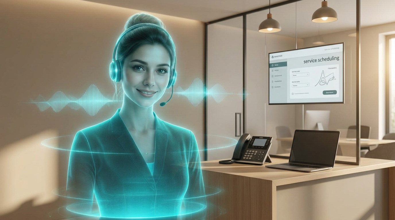 An AI receptionist at a modern business reception desk